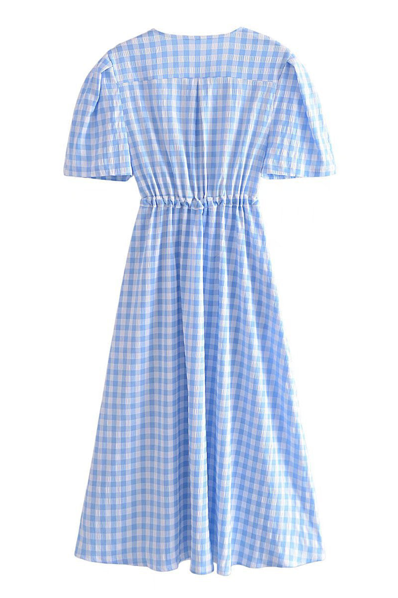 Light Sky Blue Plaid Buttoned Dress - Fashionpara