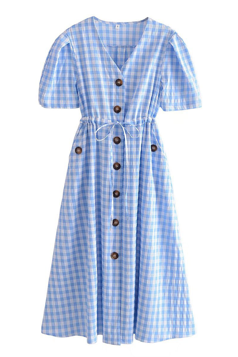 Light Sky Blue Plaid Buttoned Dress - Fashionpara