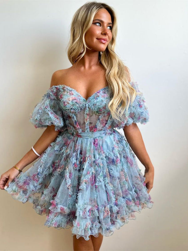 A-Line Off The Shoulder Short Tulle Print Homecoming Dress