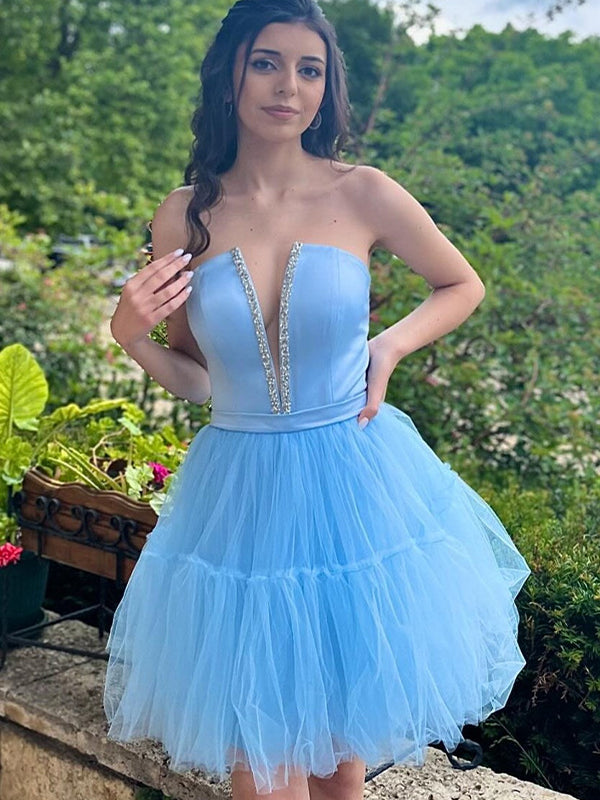 A-Line Strapless Lace-Up Tulle Homecoming Dress - FashionDia