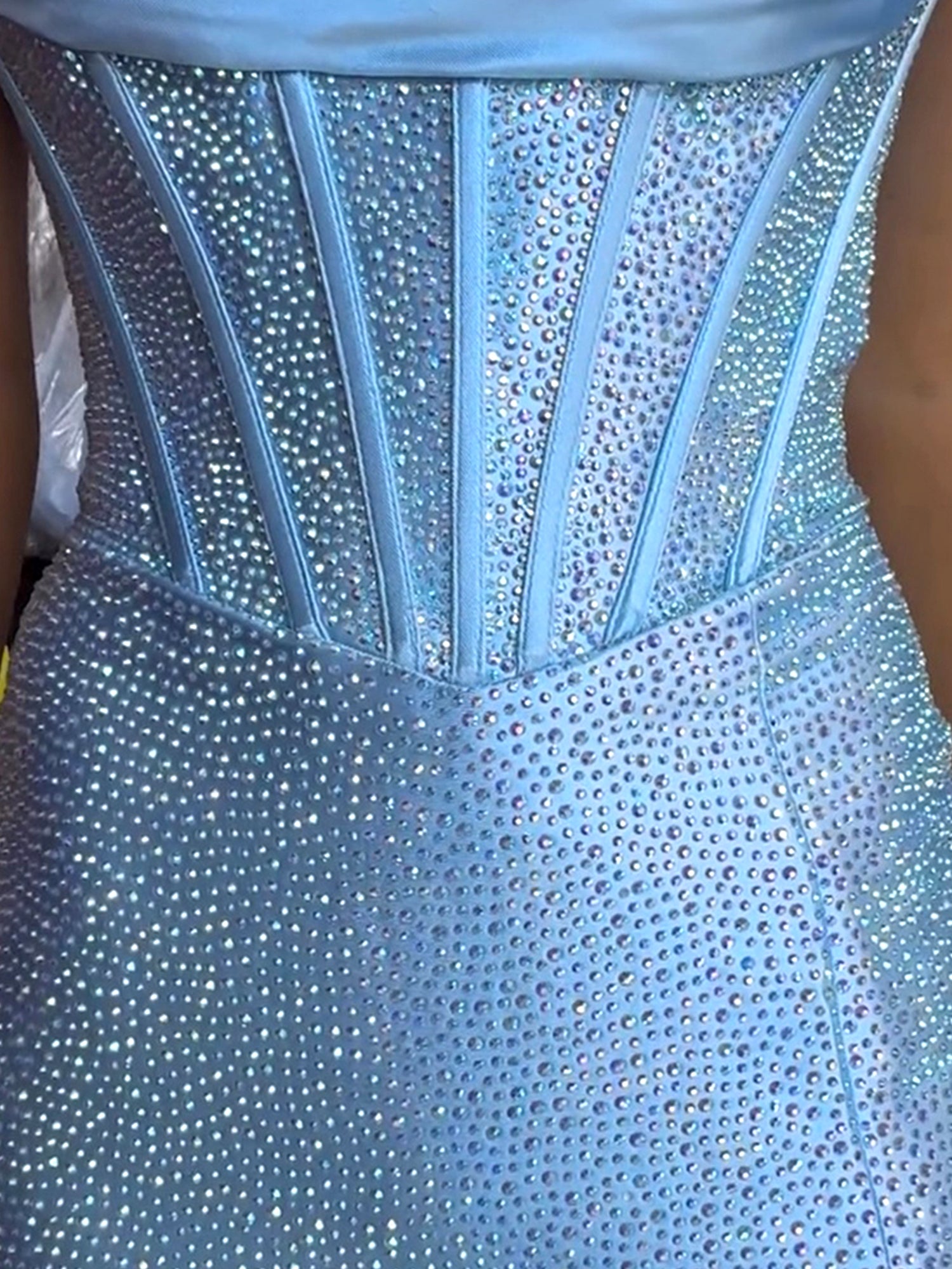 Light Blue Glitter Detail Cinched Bodice Prom Dress with Thigh-High Slit