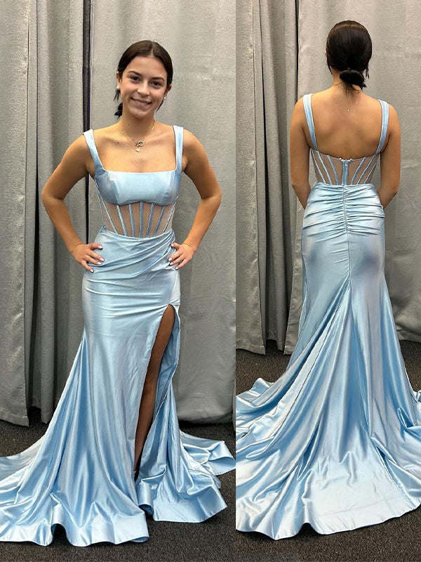 Pink Mermaid Square Neck Satin Pleated Long Prom Dress with Slit