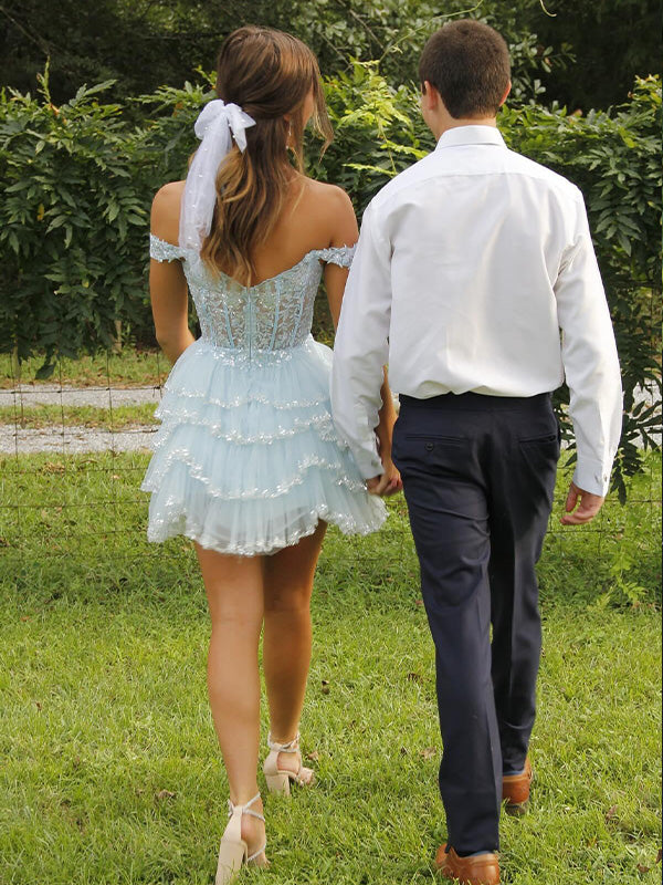 Off the Shoulder Sequin Ruffle Short Homecoming Dress