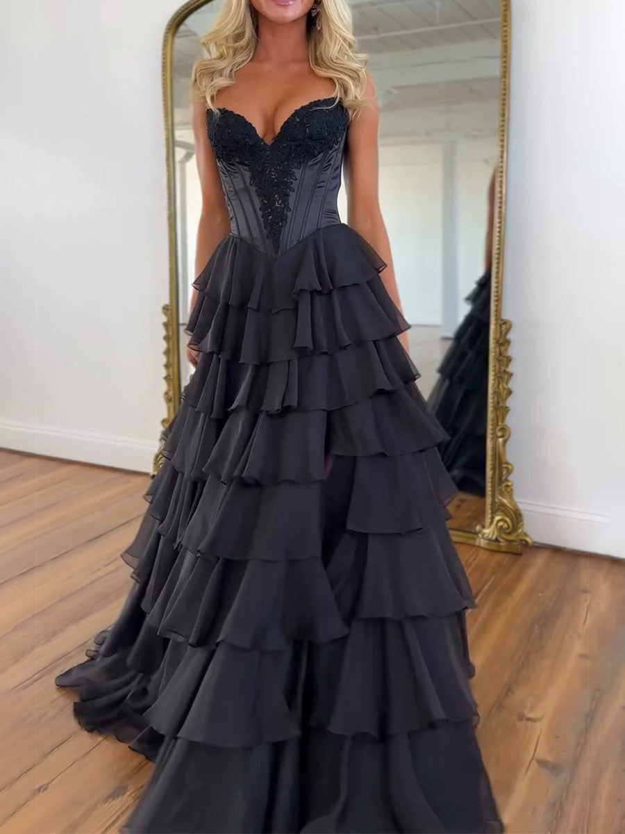 Light Blue Satin Lace Applique Corset Prom Dress with Slit