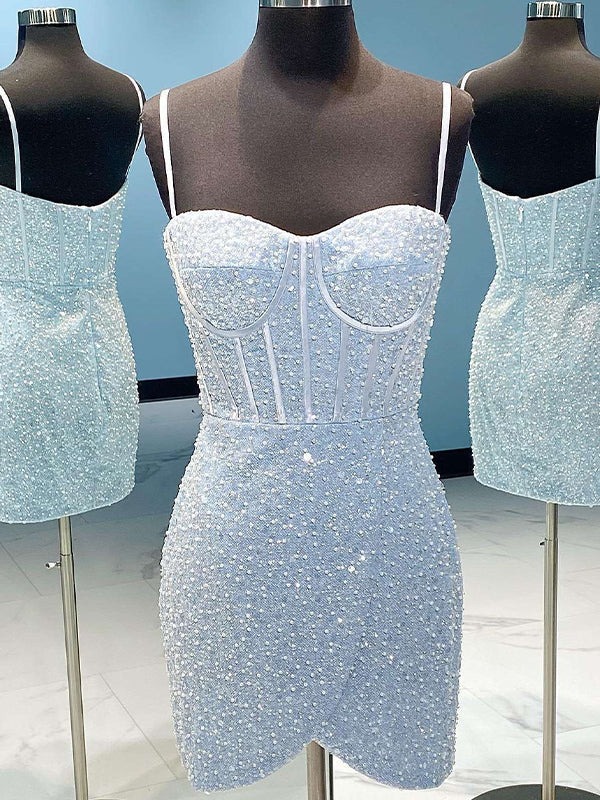 Spaghetti Straps Sequin Short Homecoming Dress with Crystals