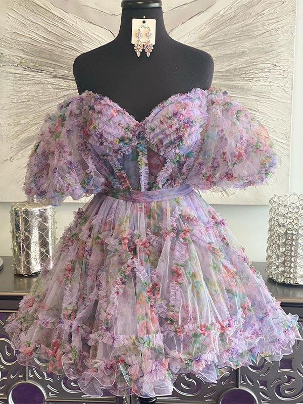 A-Line Off The Shoulder Short Tulle Print Homecoming Dress
