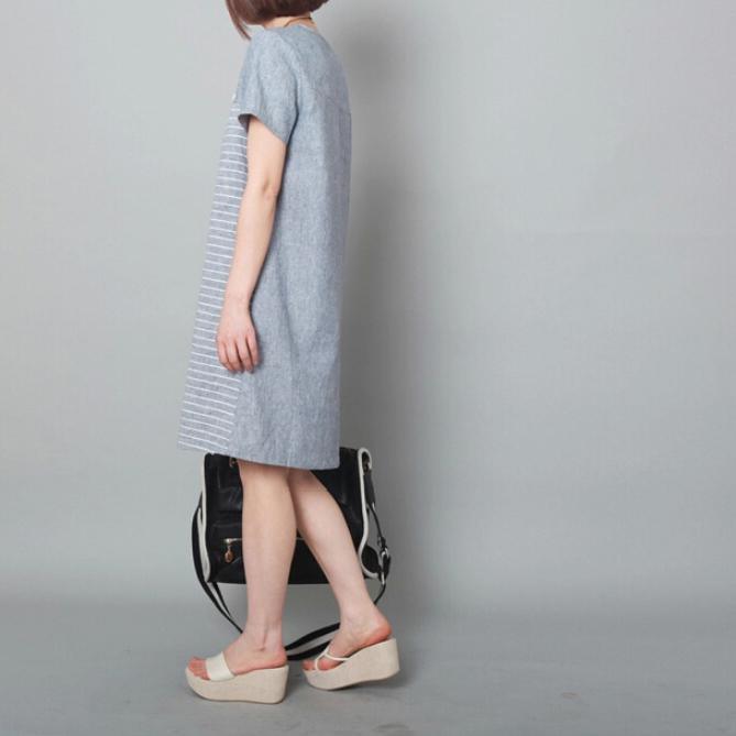 Light blue linen sundress loose summer shift dress knee length
