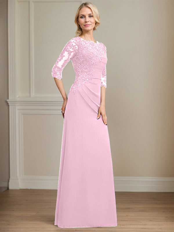 A-line Scoop Floor-Length Chiffon Lace Mother of the Bride Dress With Beading Pleated Sequins