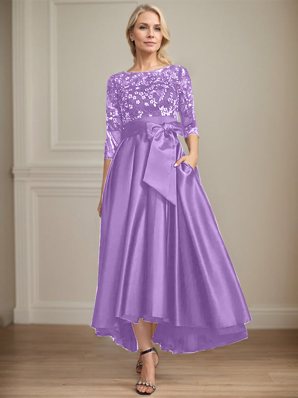 A-line Scoop Illusion Asymmetrical Satin Lace Mother of the Bride Dress With Bow