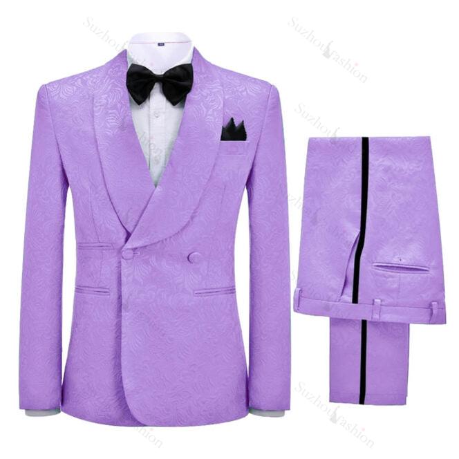 Lilac Jacquard Double Breasted Shawl Lapel Wedding Suit