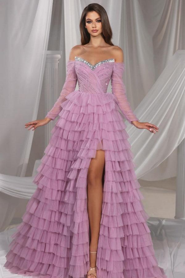 Lilac Prom Dress A Line Off The Shoulder Sequined Tulle Formal Dress With Slit