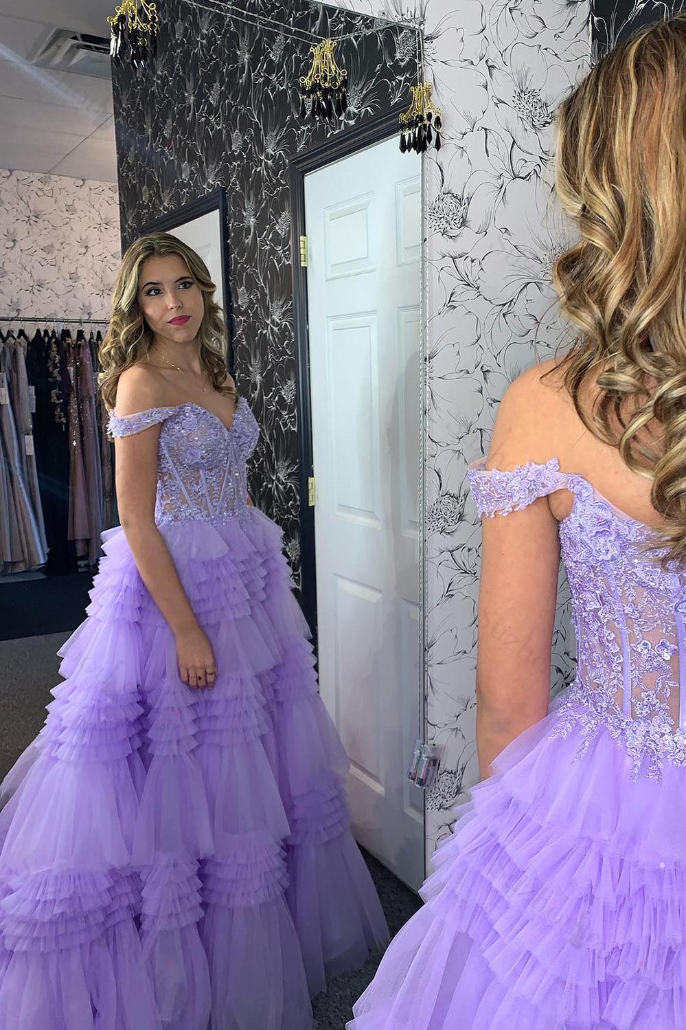 Lilac Prom Dress A-Line Ruffled Corset Long Formal Dress