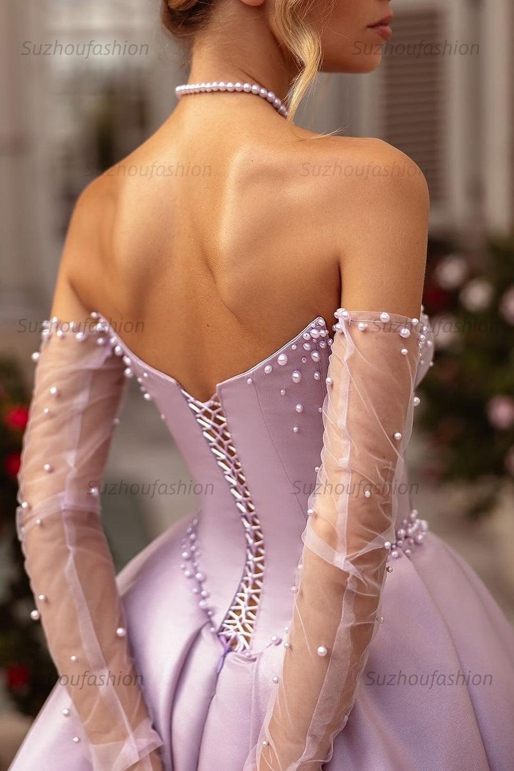 Lilac Prom Dress Beaded A Line Sweetheart Corset Evening Dress with Slit