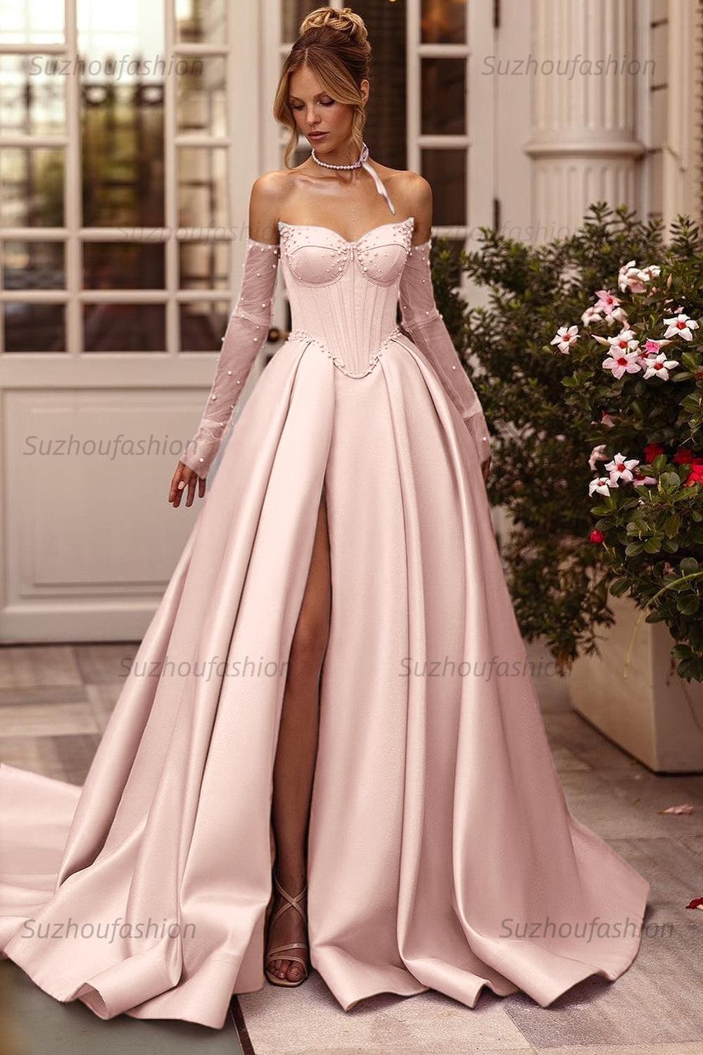 Lilac Prom Dress Beaded A Line Sweetheart Corset Evening Dress with Slit