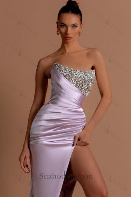 Lilac Prom Dress Column Strapless Sequined Beading Formal Dress With Slit