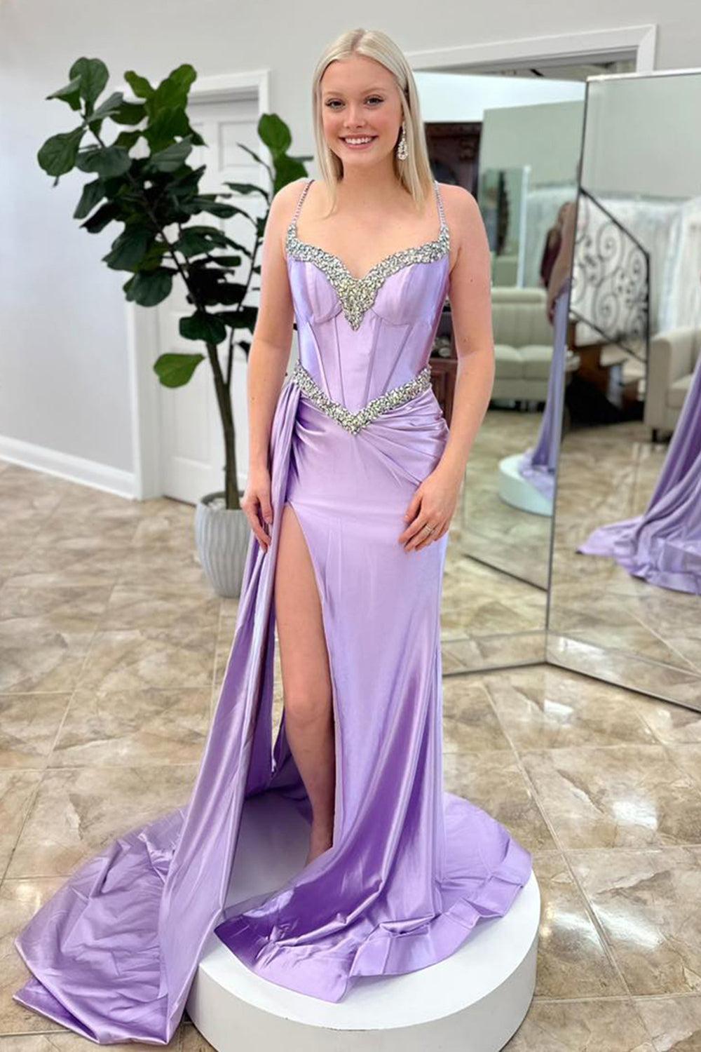 Lilac Prom Dress Satin Corset Side Cape Long Formal Dress With Slit