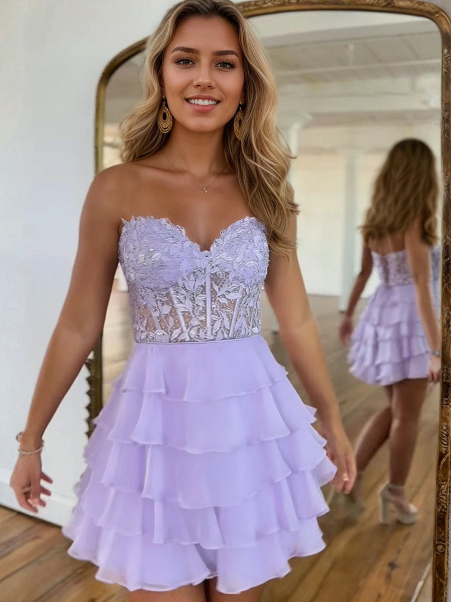 A-Line Sweetheart Short Tiered Lace Top Homecoming Dress - FashionDia