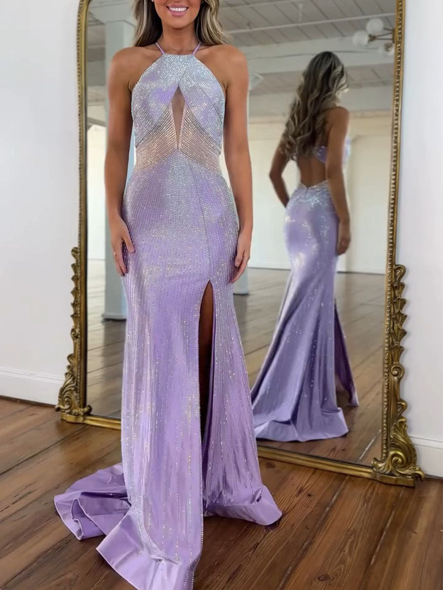 Lilac Crystal Embellished Halter Cutout Long Prom Dress