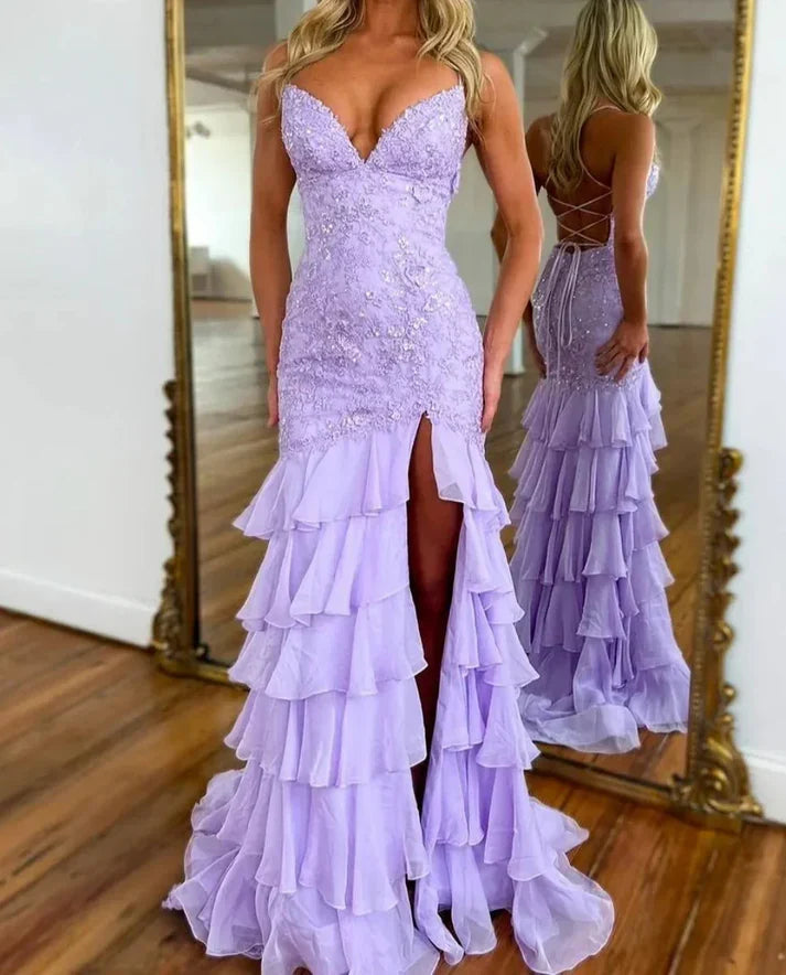 Lilac Mermaid Spaghetti Straps Prom Dress Applique Evening Dress With Ruffles