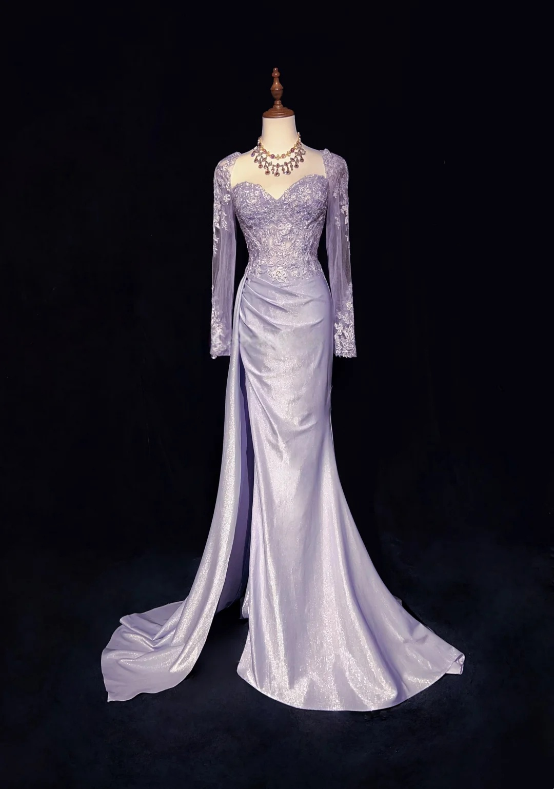 Lilac Satin Mermaid Prom Dress With Slit Appliques Formal Evening Dress