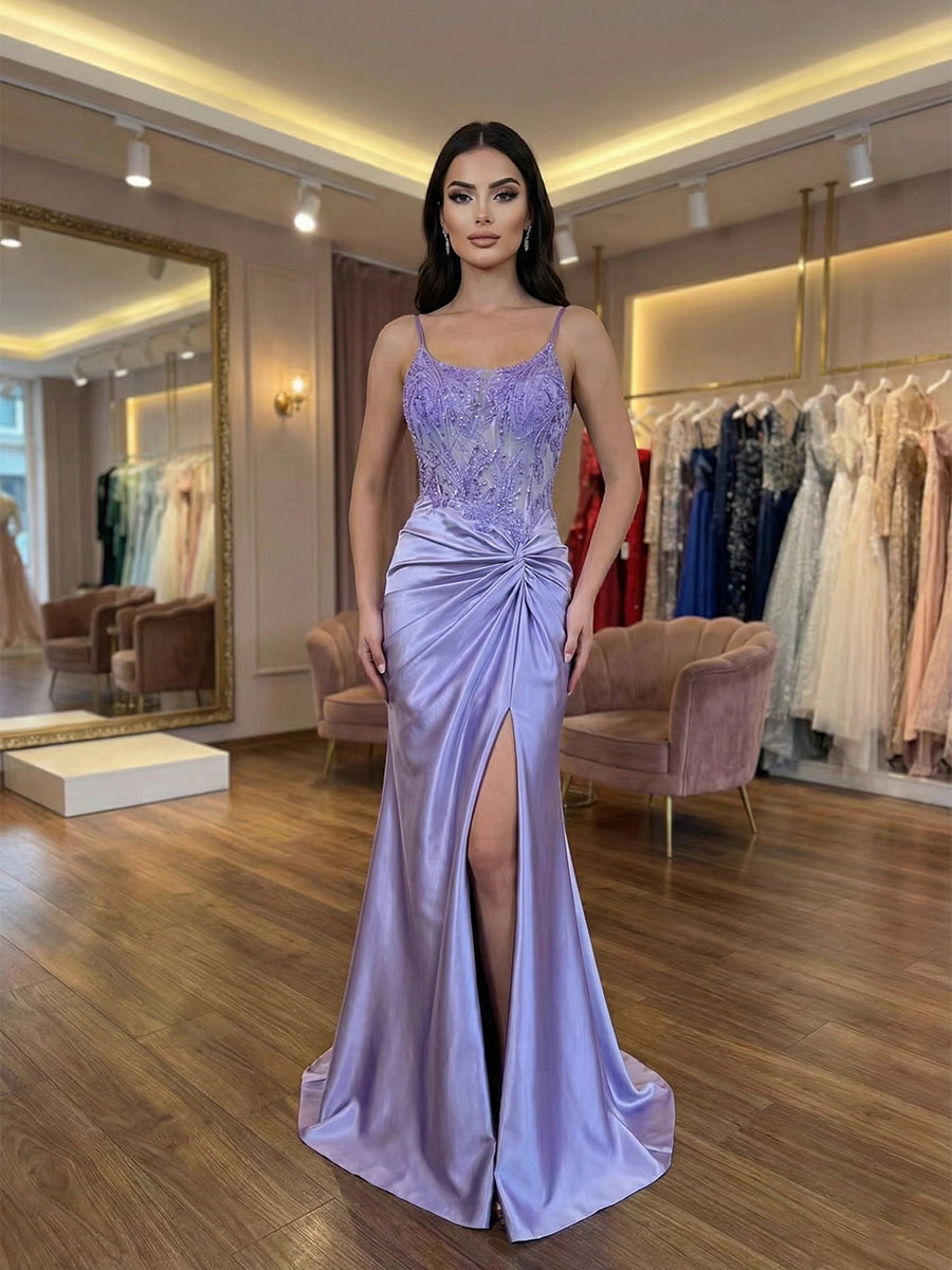 Lilac Spaghetti Straps Beaded Corset Satin Prom Dress with Slit