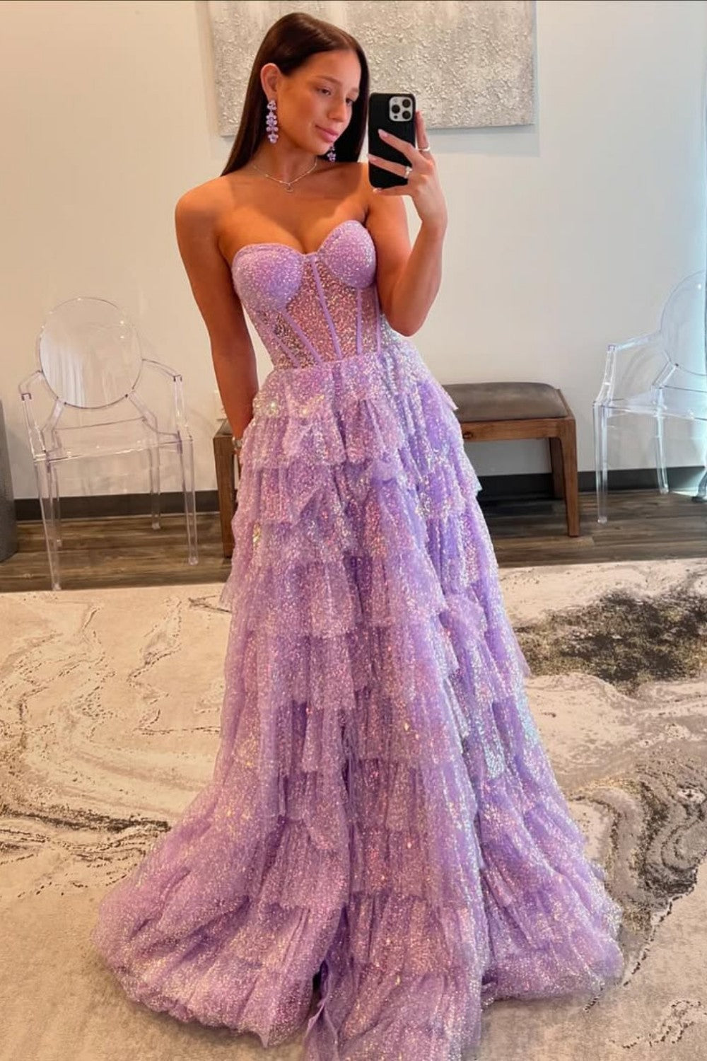 Princess A Line Sweetheart Lilac Corset Prom Dress with Ruffles