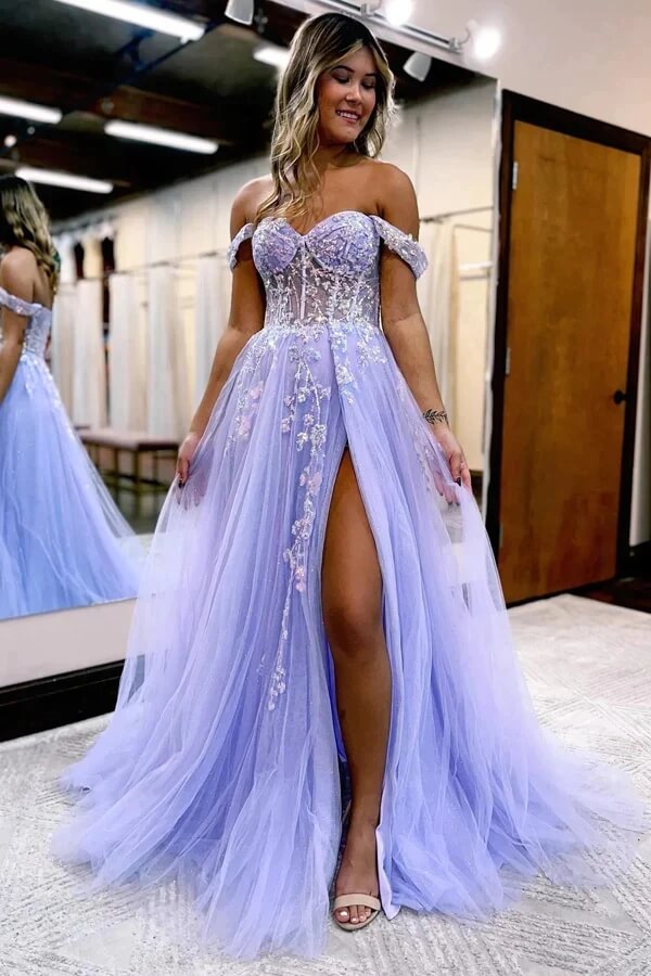 Tulle A-line Off Shoulder Long Prom Dresses With Lace Appliques - VelvetHem