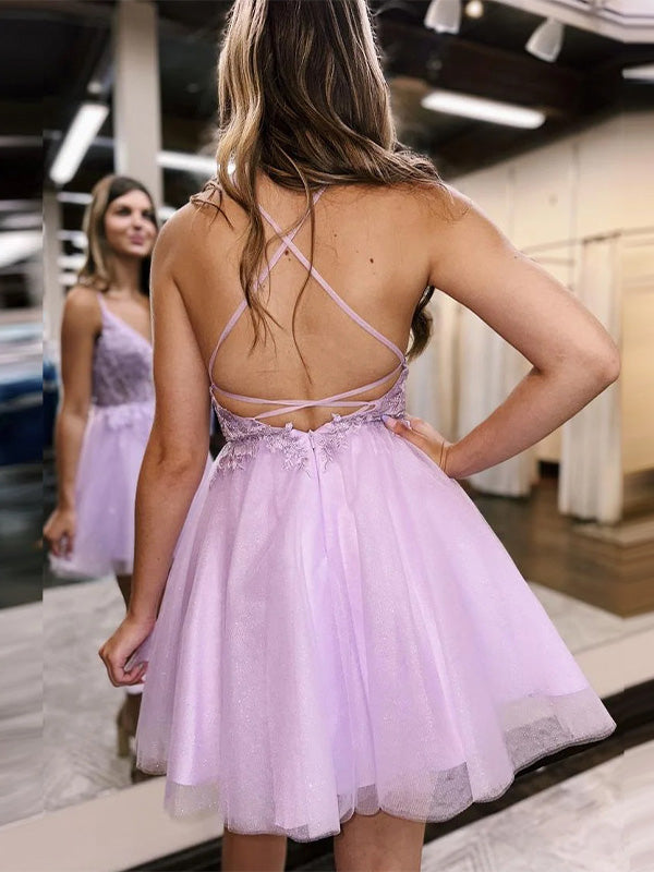 A-Line Lace Up Tulle Homecoming Dress With Appliques