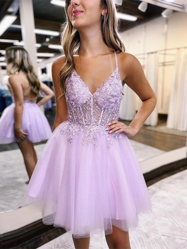 A-Line Lace Up Tulle Homecoming Dress With Appliques