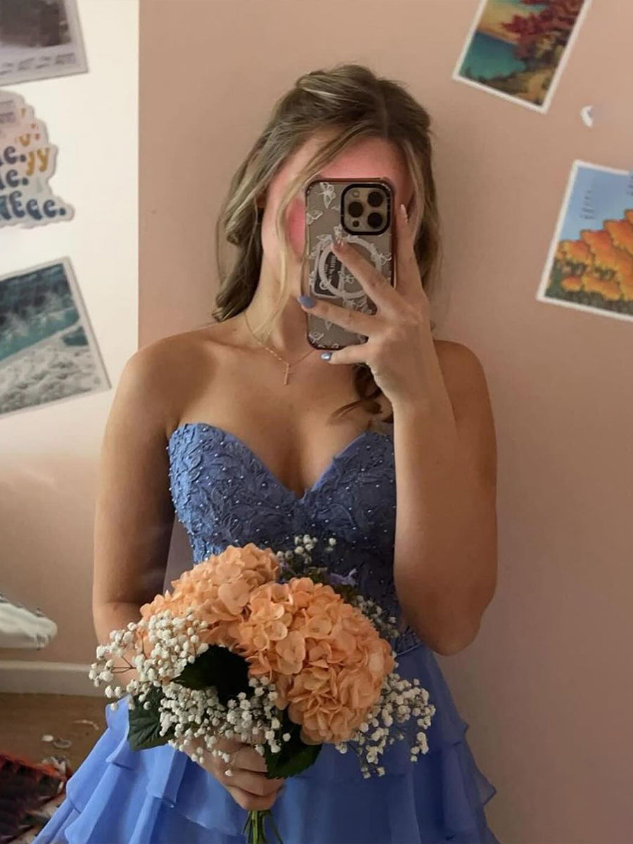 A-Line Sweetheart Short Tiered Lace Top Homecoming Dress
