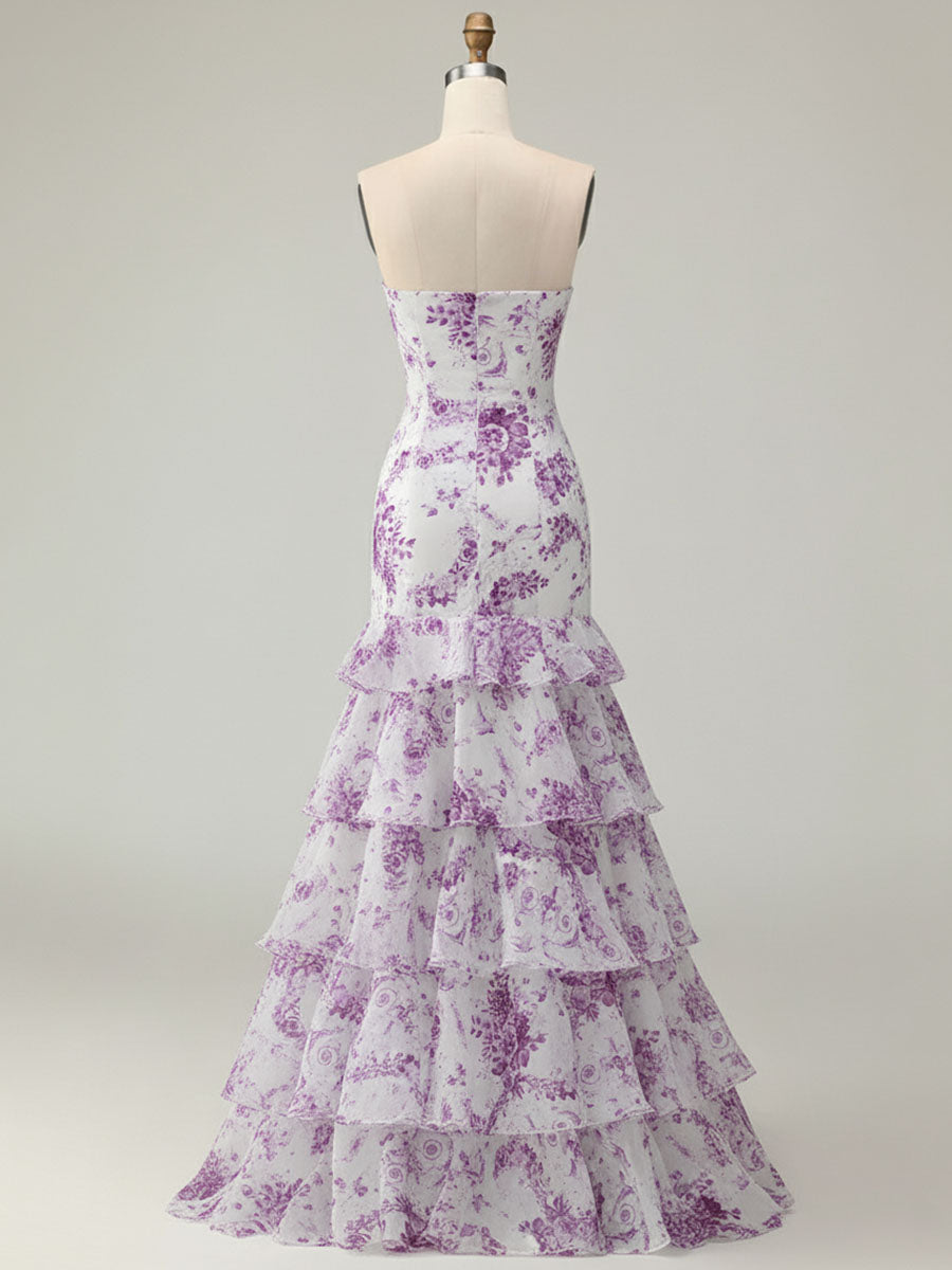 Flower Mermaid Strapless Tiered Print Long Prom Dress with Ruffles