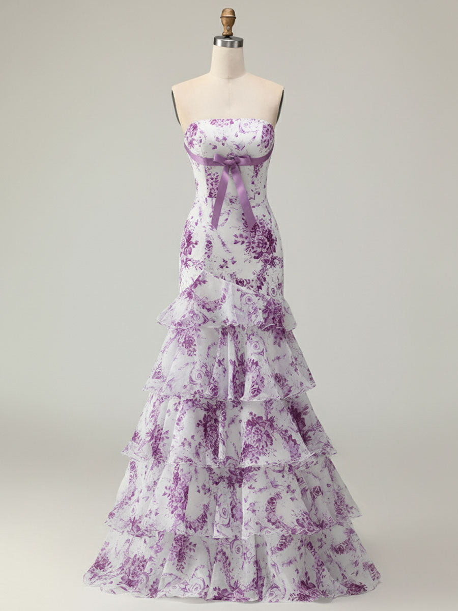 Flower Mermaid Strapless Tiered Print Long Prom Dress with Ruffles