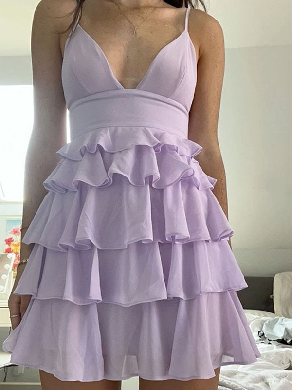 Spaghetti Straps V-Neck Tiered Chiffon Short Homecoming Dress