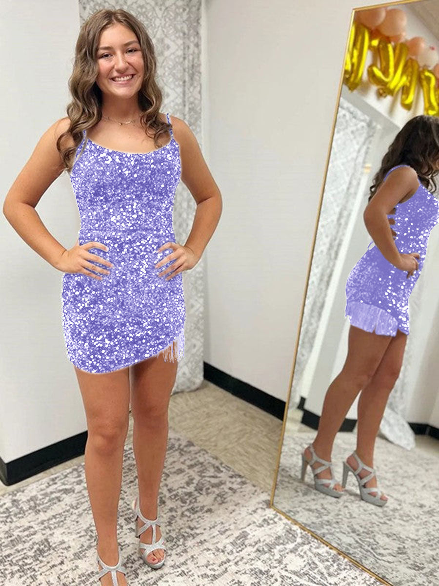 Fitted Spaghetti Straps Short Sequin Homecoming Dress