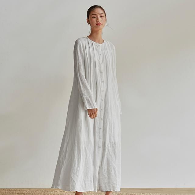 Linen Organ Pleats Solid Color Elegant Dress