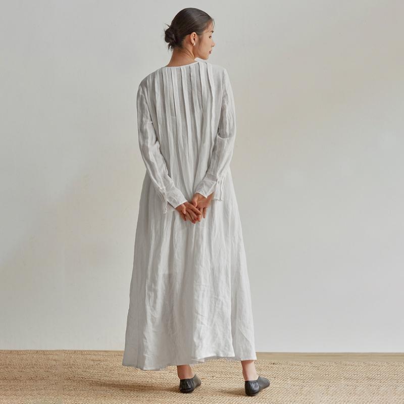Linen Organ Pleats Solid Color Elegant Dress