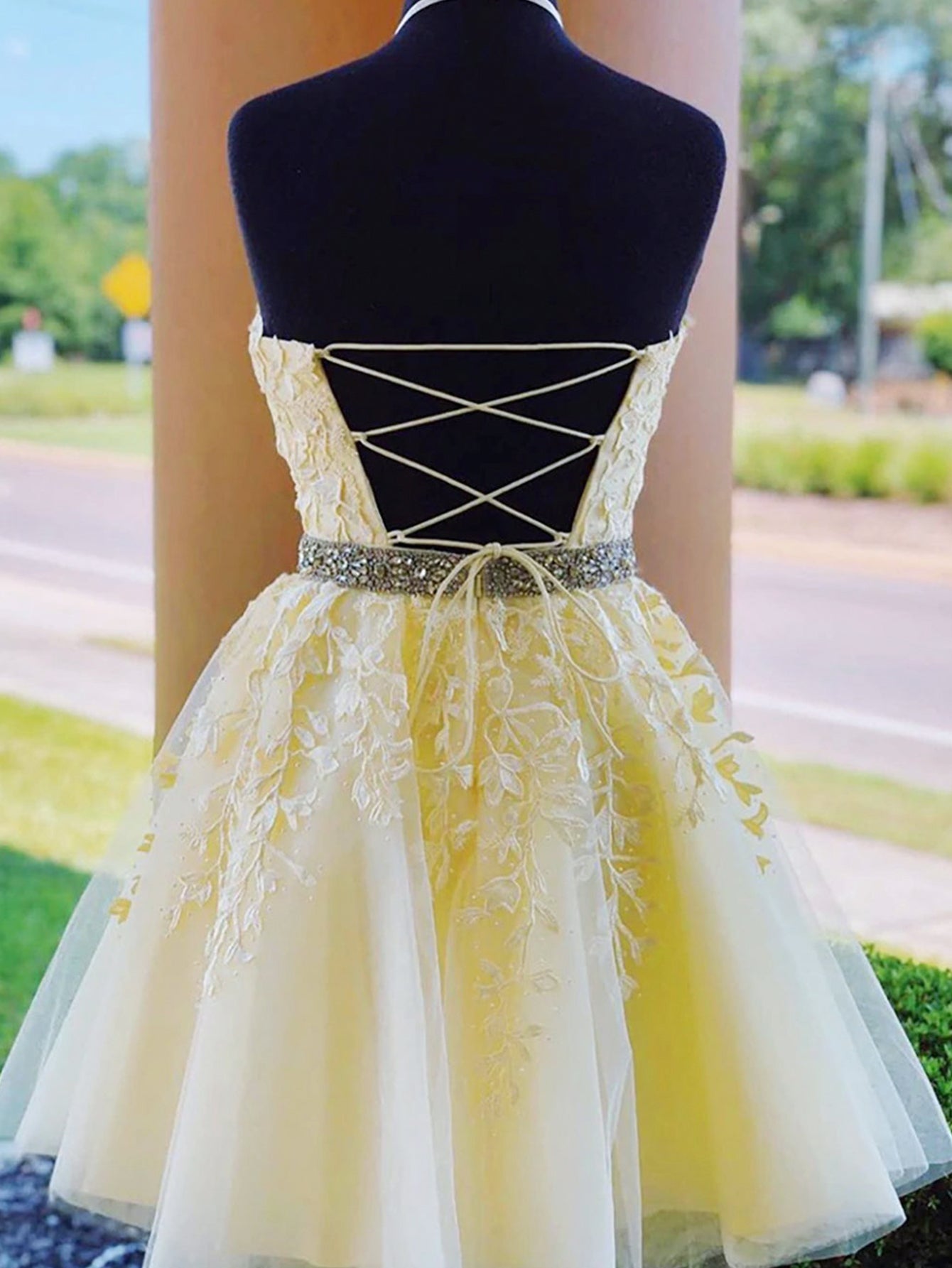 A-Line Yellow Short Party Homecoming Dress With Appliques - Fashionpara