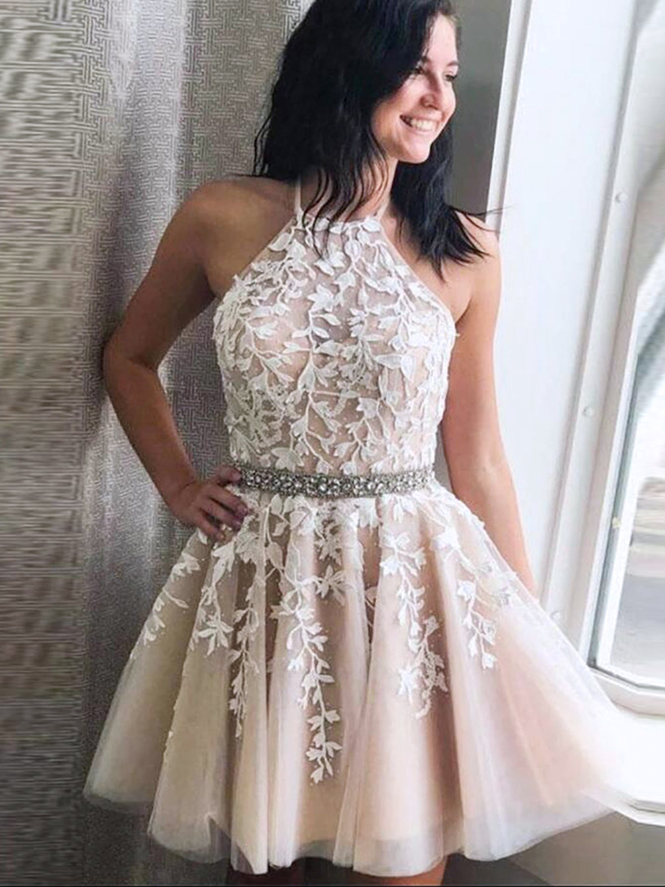 A-Line Yellow Short Party Homecoming Dress With Appliques - Fashionpara