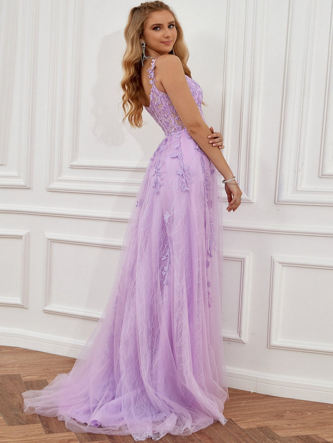 A Line Lilac Straps Lace Long Prom Dress - Fashionpara