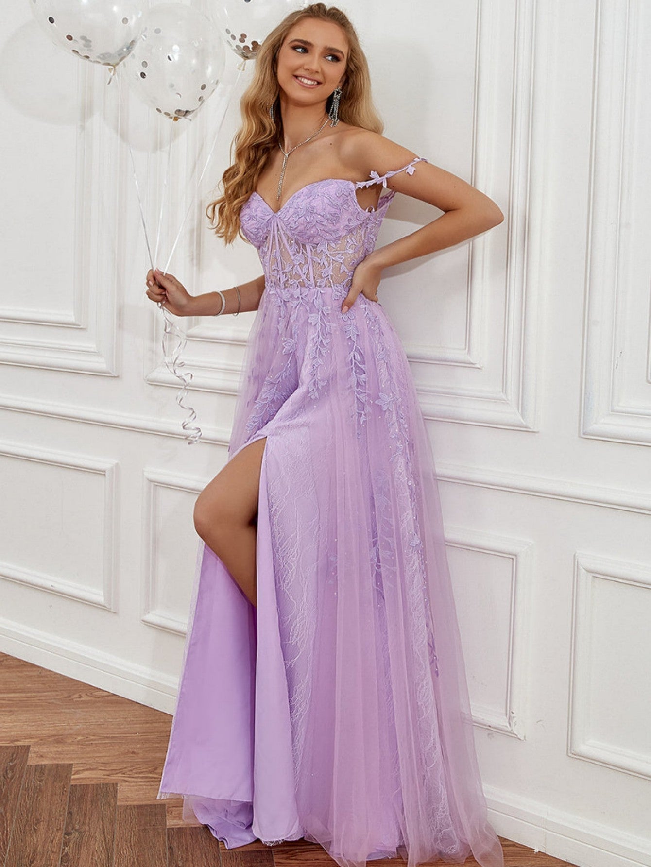 A Line Lilac Straps Lace Long Prom Dress - Fashionpara