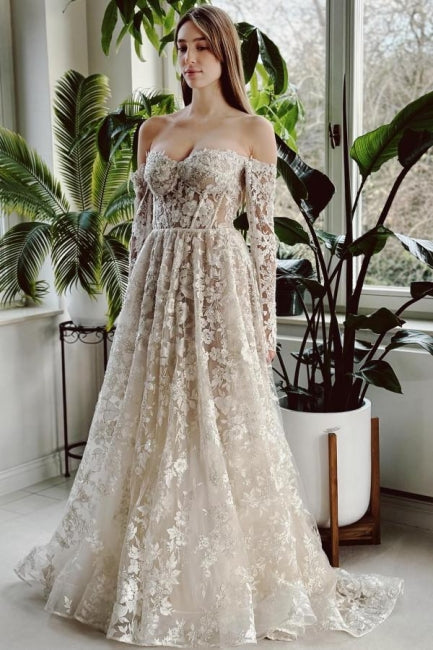 Long A Line Beach Wedding Dress Off The Shoulder Lace Beading Bridal Gown With Long Sleeves