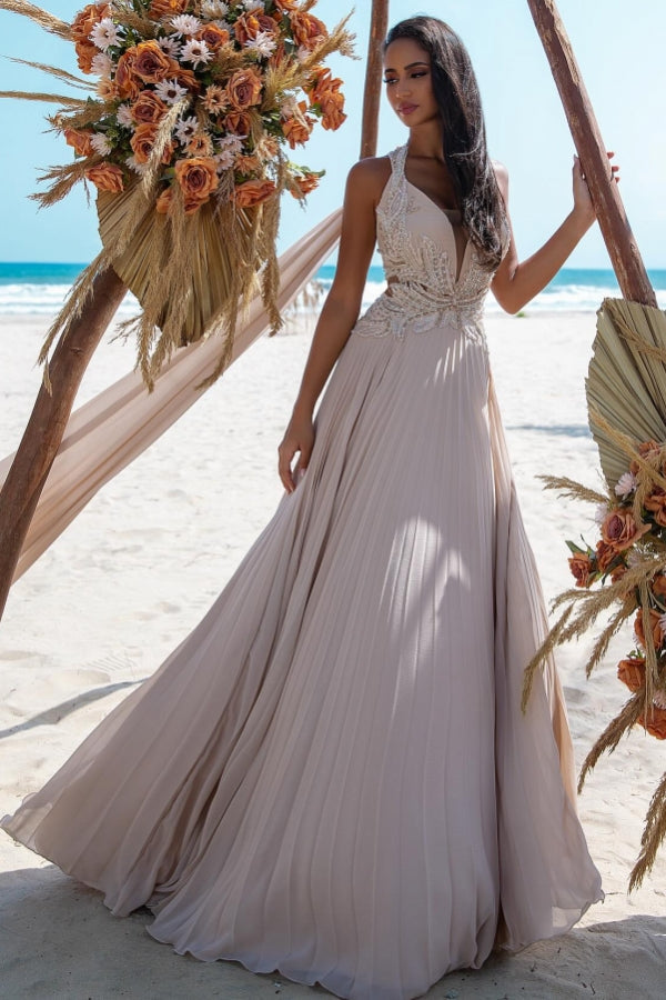 Long A Line V Neck Beach Wedding Dress Lace Beading Sleeveless Beach Bridal Gown