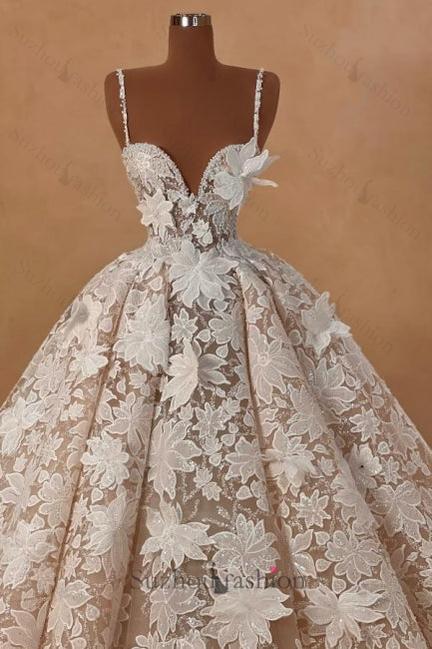 Long A Line Wedding Dress Spaghetti Straps Lace Appliques Sleeveless Bridal Gown