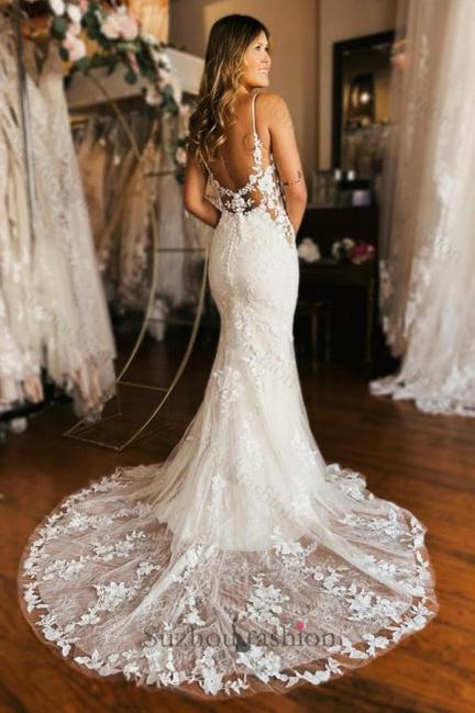 Long Mermaid Wedding Dress Spaghetti Straps V Neck Backless Bridal Gown