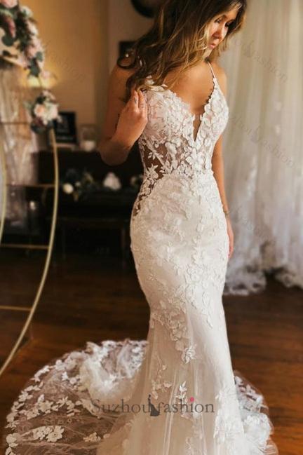 Long Mermaid Wedding Dress Spaghetti Straps V Neck Backless Bridal Gown