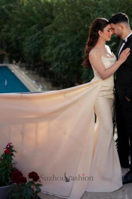 Long Mermaid Wedding Dress Strapless Sequined Bridal Gown With Pearls