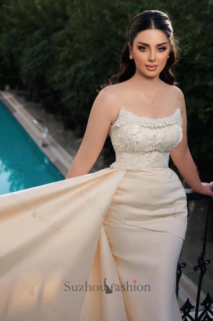 Long Mermaid Wedding Dress Strapless Sequined Bridal Gown With Pearls