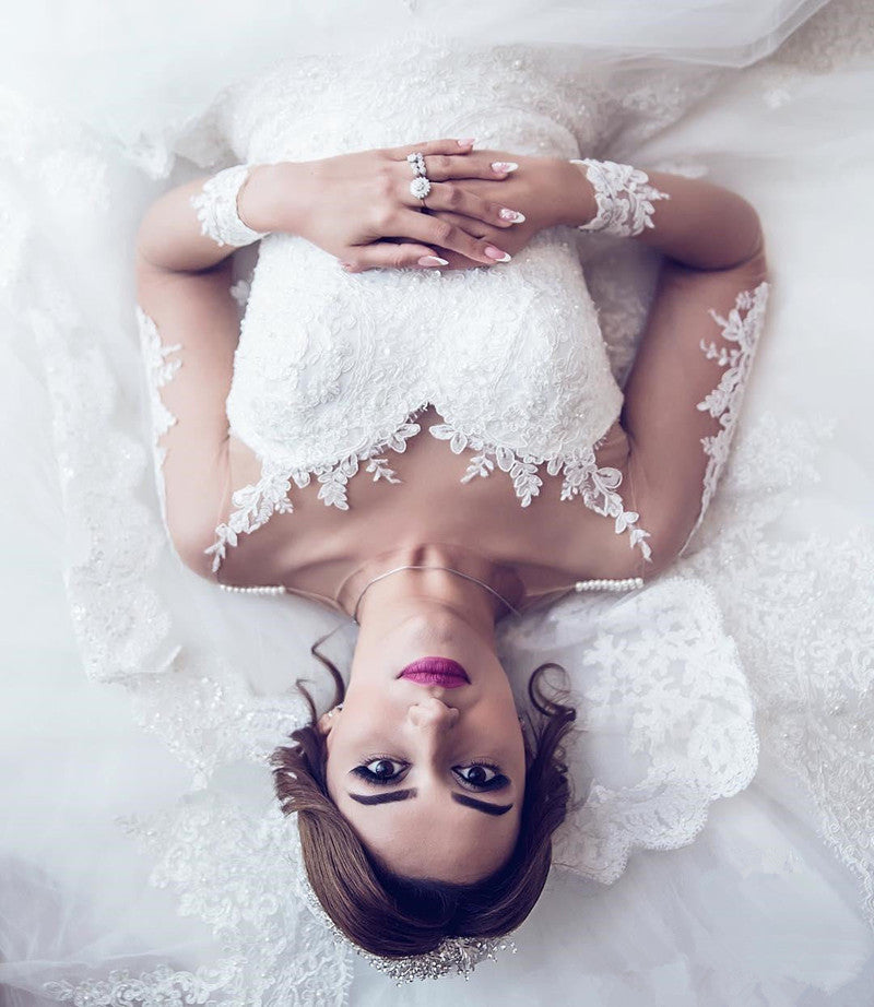 Long Sleeve Lace Wedding Dresses  | Ball Gown Long Train See Through Back Bride Dress