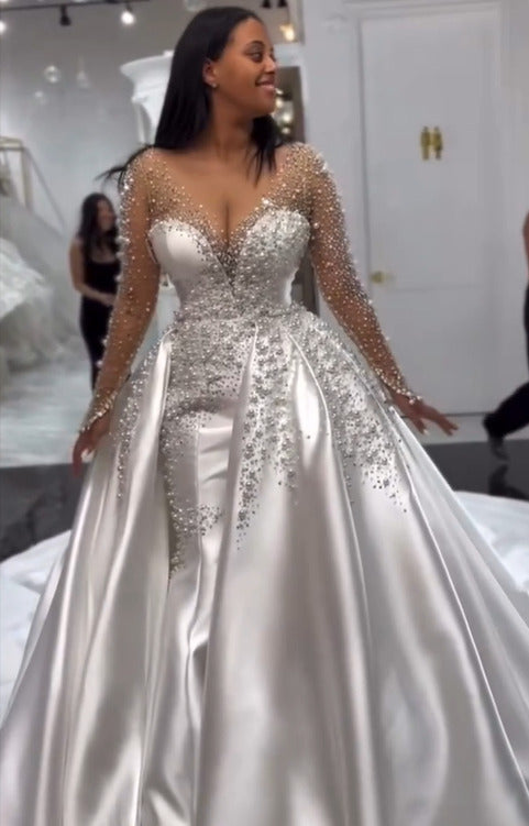 Long Sleeve Mermaid Wedding Dress Beaded Satin Stunning Bridal Gown with Detachable Train