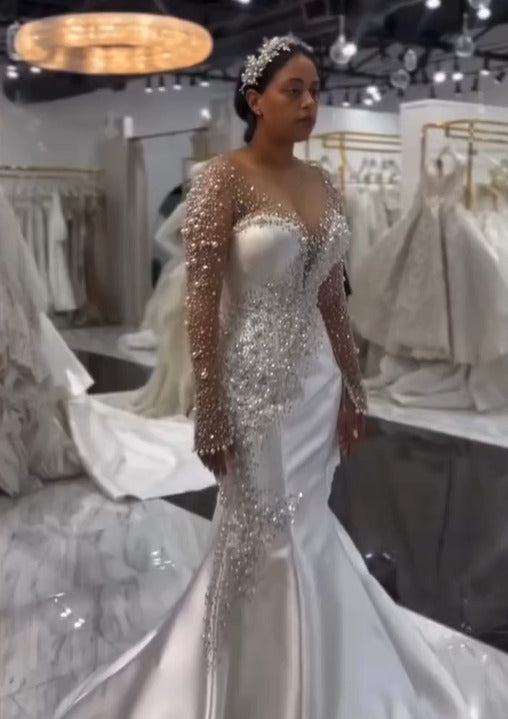 Long Sleeve Mermaid Wedding Dress Beaded Satin Stunning Bridal Gown with Detachable Train